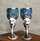 Set Of 2 Romantic Snow White Wolves Love Hex Heart Baroque Blue Wine Goblets