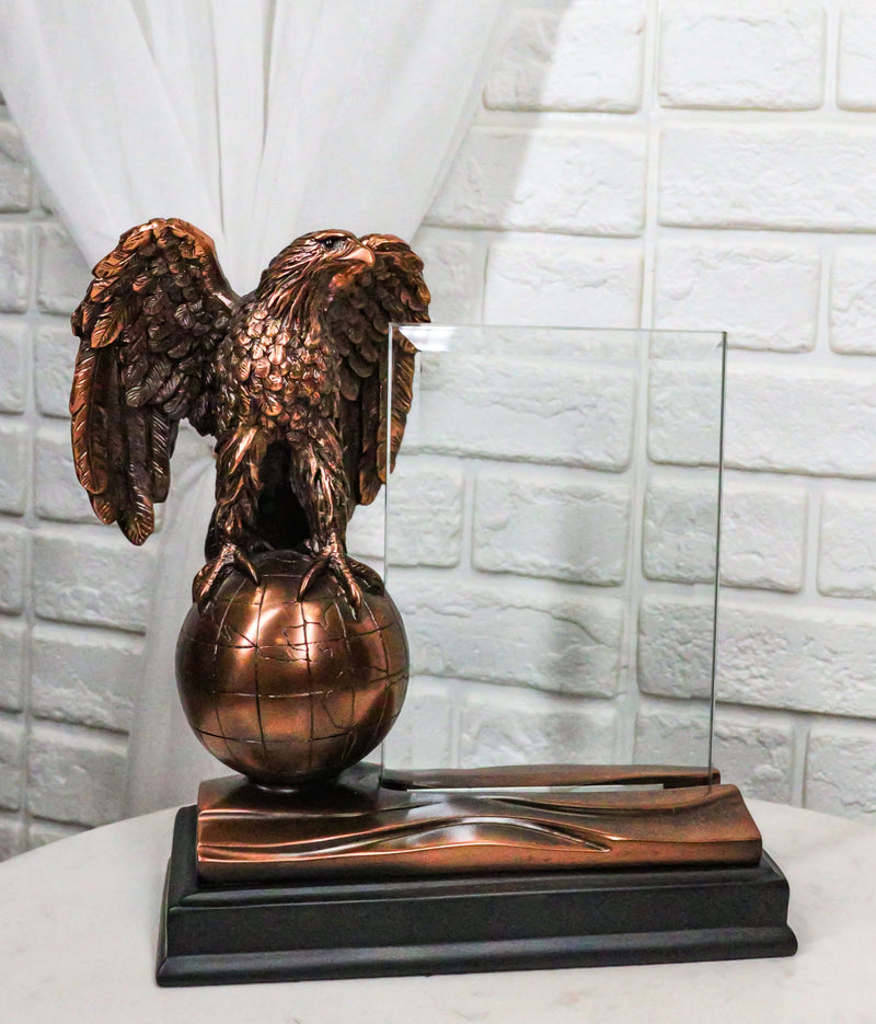 American Bald Eagle Perching On Atlas Globe Picture Frame Bronzed Resin Figurine