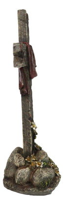 Faux Distressed Wood Scarlet Robe With Rose Of Sharon Standing Cross On Rocks