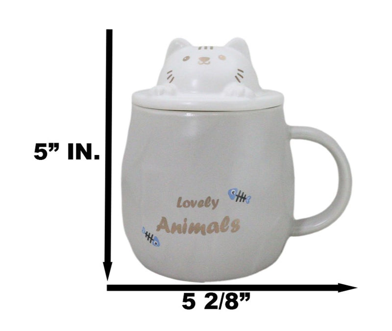 Whimsical Grey Chubby Feline Kitty Cat Cup Mug With Lid And Stirring Spoon