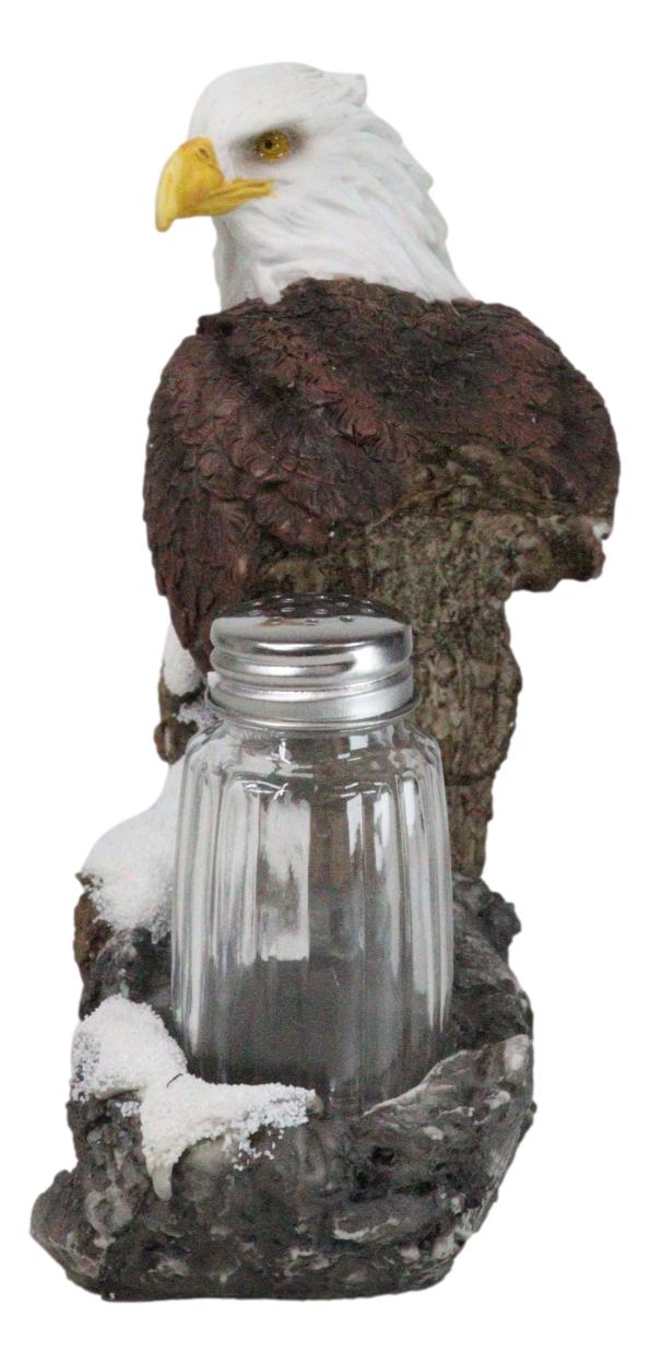 American Bald Eagle On Snowy Tree Branch Rock Cliff Salt Pepper Shakers Holder