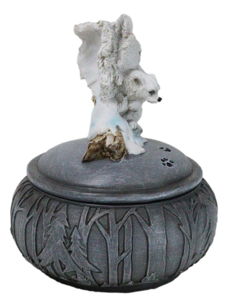 Albino Snow White Wolf Carrying Cub In Mouth Round Decorative Jewelry Box