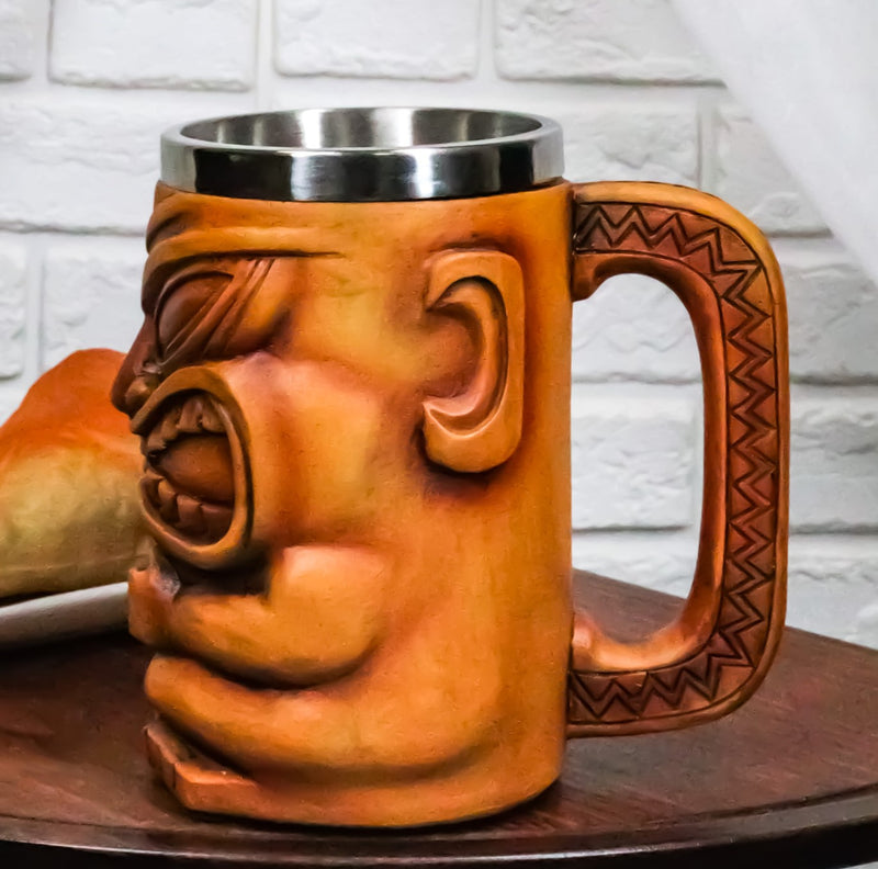 Large Exotic Tropical Hawaiian Luau Party Maori Faux Wooden Tiki Coffee Mug 16oz