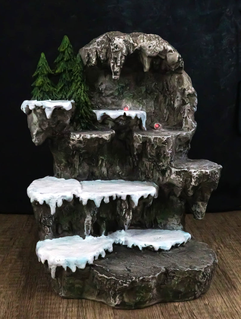 Snow Capped Wolf Den Rocky Cave Lair With Pine Trees LED Display Stand Sculpture