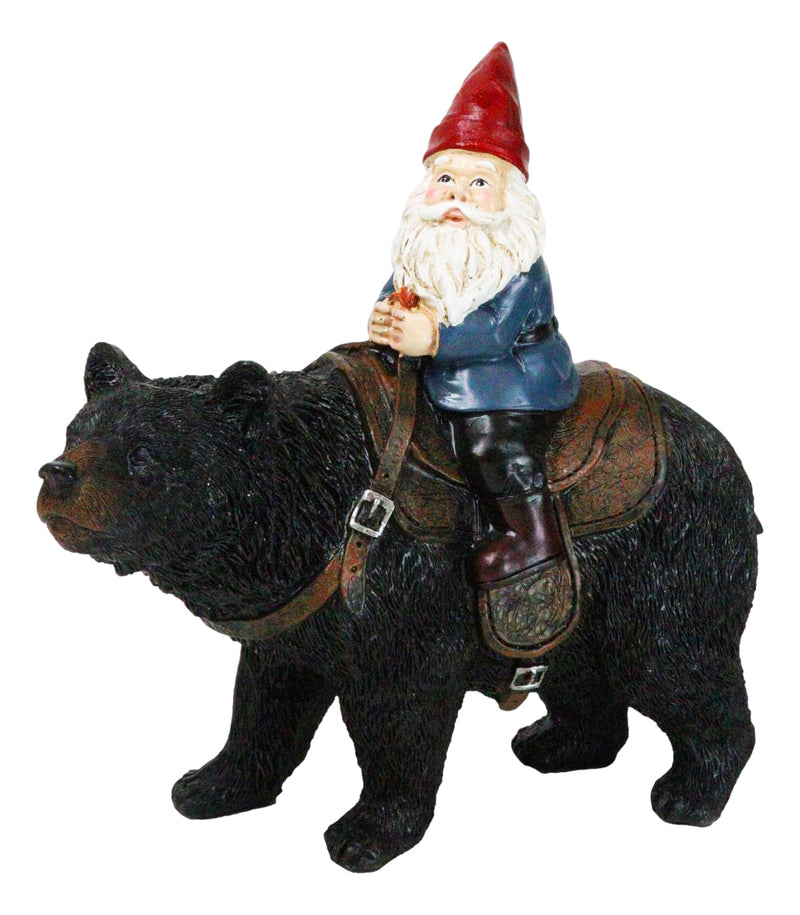 Whimsical Mr Old Gnome Riding On Harnessed Black Bear Figurine Rustic Western