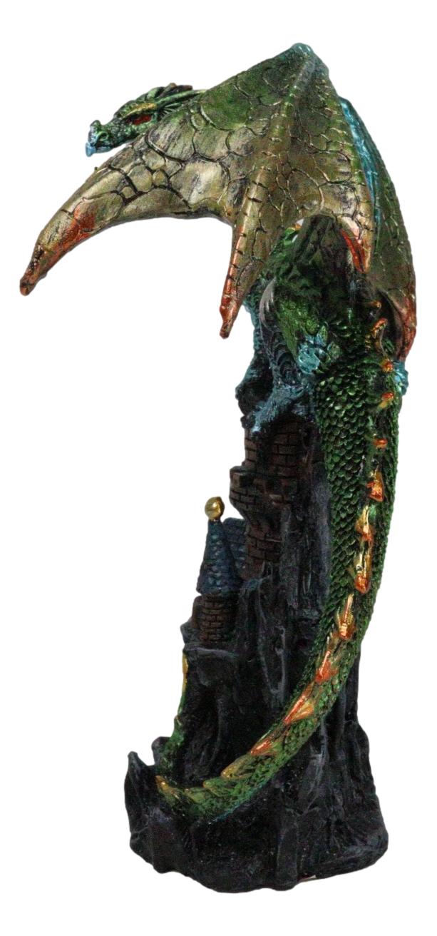 Metallic Green Dragon Perching On Rocky Mountain Stonewall Castle Tower Figurine