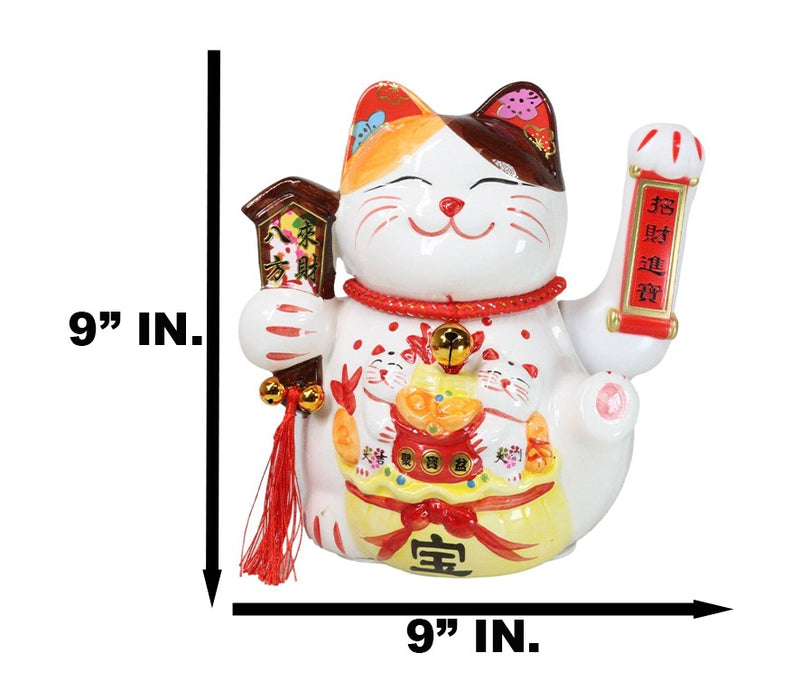 Japanese Lucky Charm White Beckoning Cat Maneki Neko With Waving Arm Figurine 9"