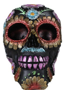 Black Day of The Dead Colorful Floral Blooms Sugar Skull Macabre Figurine 6"L