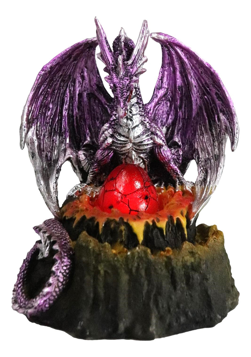 Metallic Purple Silver Volcano Dragon Mother Guarding LED Lighted Egg Figurine