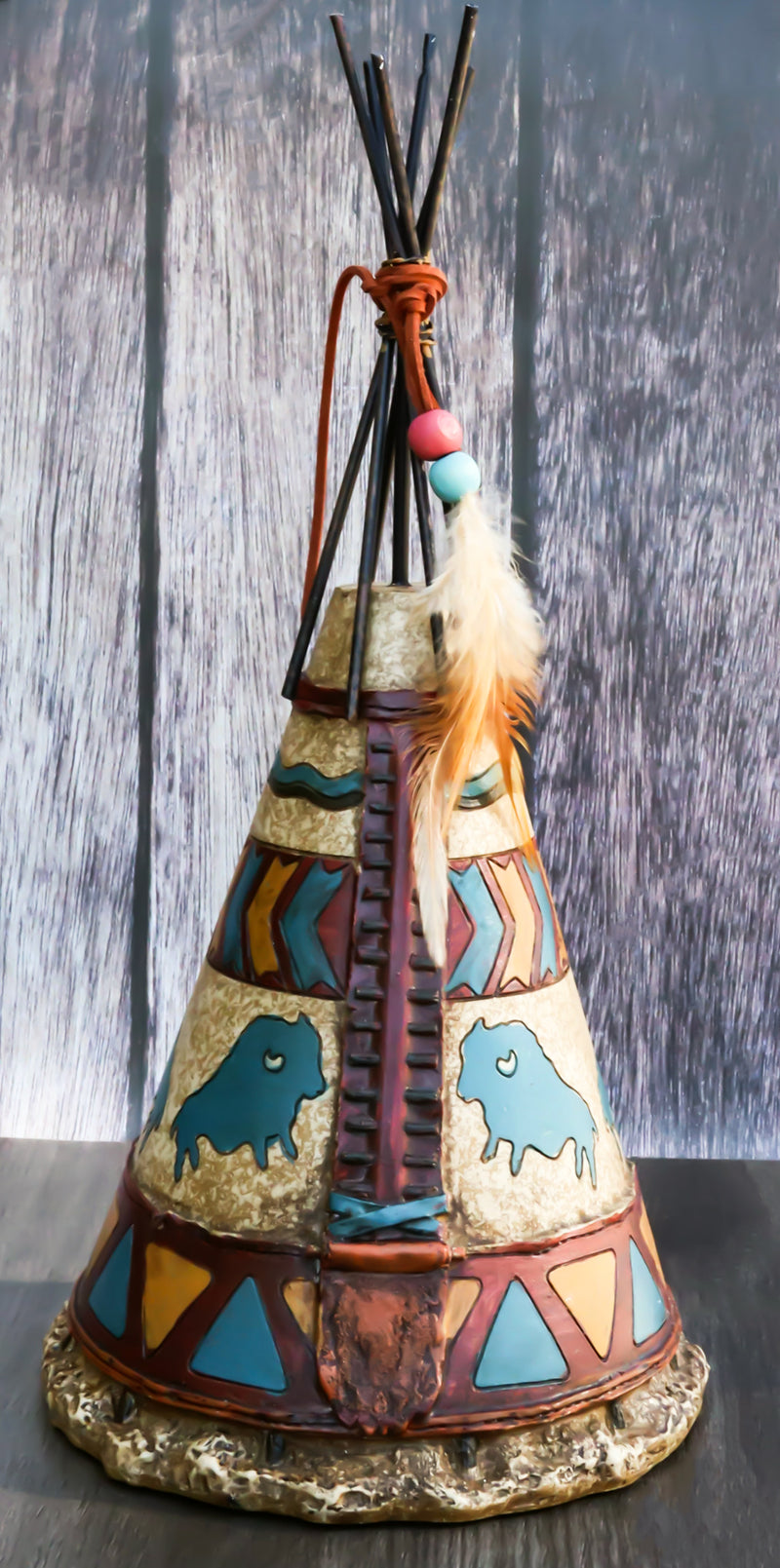 Southwestern Rustic Native Indian Feather Turquoise Bisons Teepee Hut Figurine