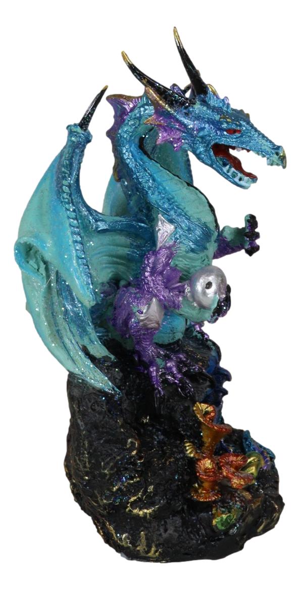 Blue Frozen Arctic Dragon Holding Pearl and Gothic Sword Letter Opener Figurine