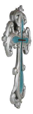 Southwestern Silver Fleur De Lis Scroll Art With Layered Turquoise Wall Cross