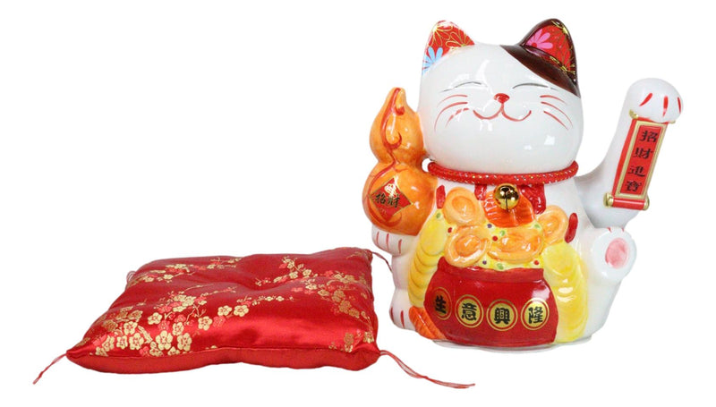 Japanese Lucky Charm White Beckoning Cat Maneki Neko With Waving Arm Statue 10"