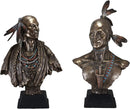 Set Of 2 Native American Indian Chief And Princess With Eagle Feathers Statues