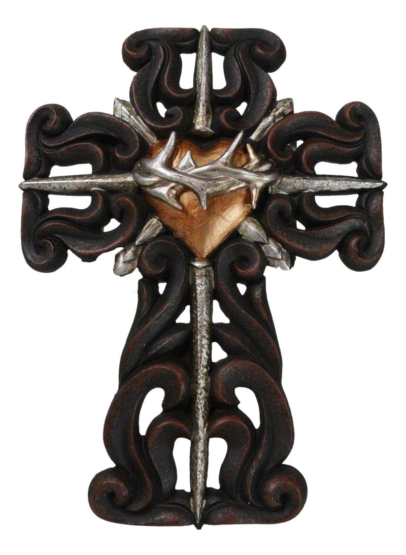 Rustic Sacred Heart Crown of Thorns And Spike Nails Faux Wooden Wall Cross Decor