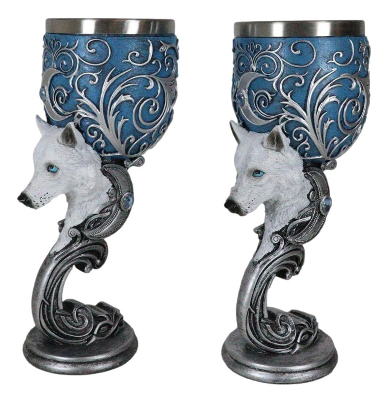 Set Of 2 Romantic Snow White Wolves Love Hex Heart Baroque Blue Wine Goblets