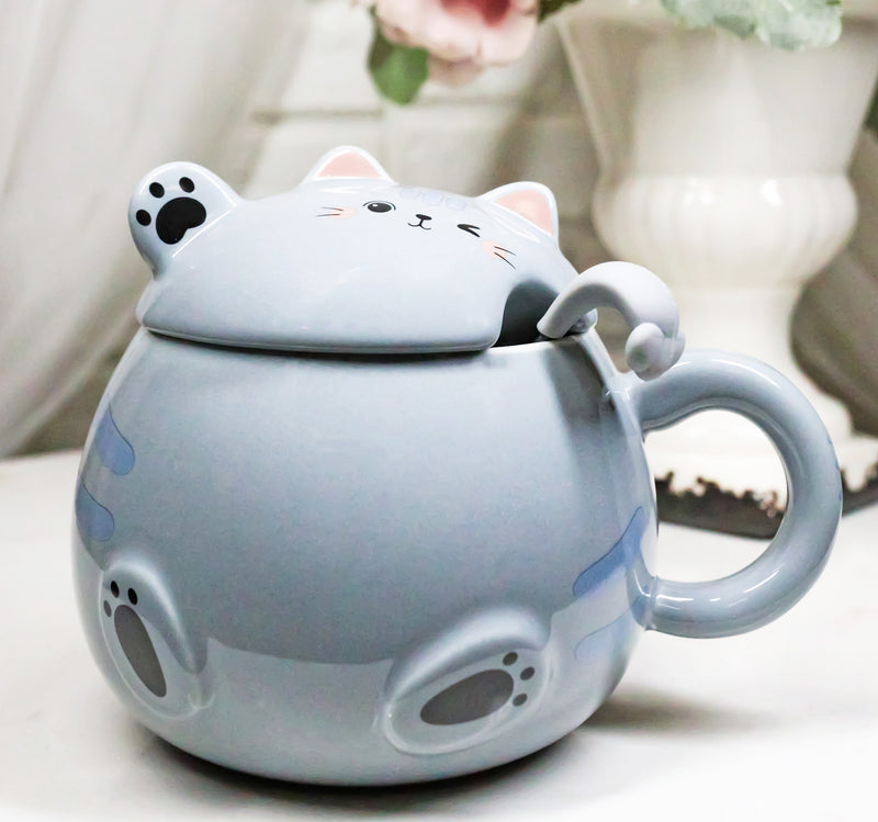 Whimsical Grey Chubby Feline Kitty Cat Cup Mug With Lid And Stirring Spoon