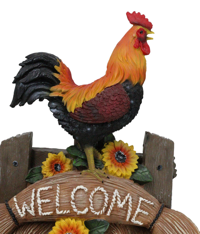 Ebros Large Country Chicken Rooster On Wooden Fence With Sunflowers Welcome Statue