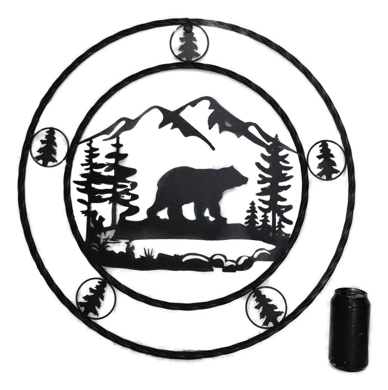 24"Dia Rustic Western Black Bear By Mountains Pine Forest Metal Wall Circle Sign