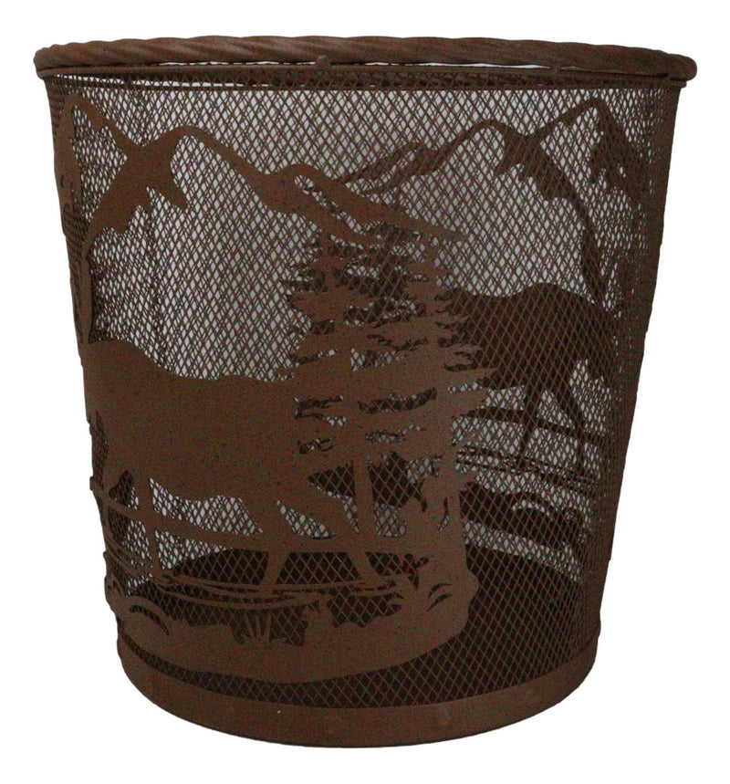 Rustic Deer Moose By Pine Forest Mountains Metal Wire Waste Basket Trash Bin