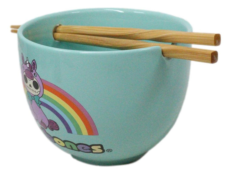 Furrybones Teal Blue Uni Rainbow Unicorn Porcelain Bowl With Chopsticks Set