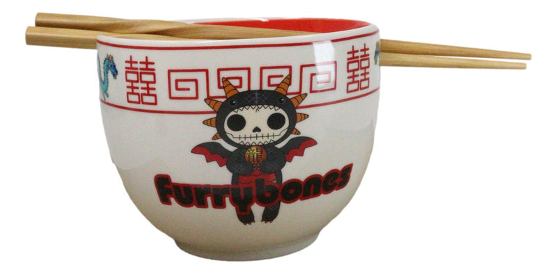 Furrybones Scorchie Dragon Skeleton White Porcelain Bowl With Chopsticks Set