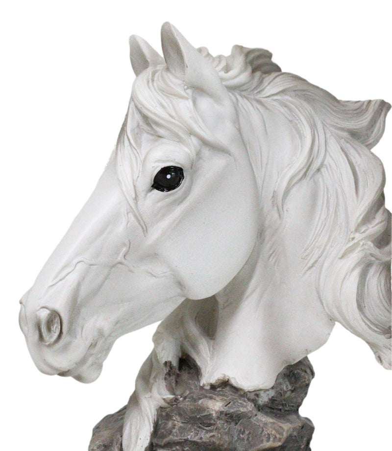 Wild and Free White Stallion Equine Horse Bust On Rocky Pillar Base Figurine