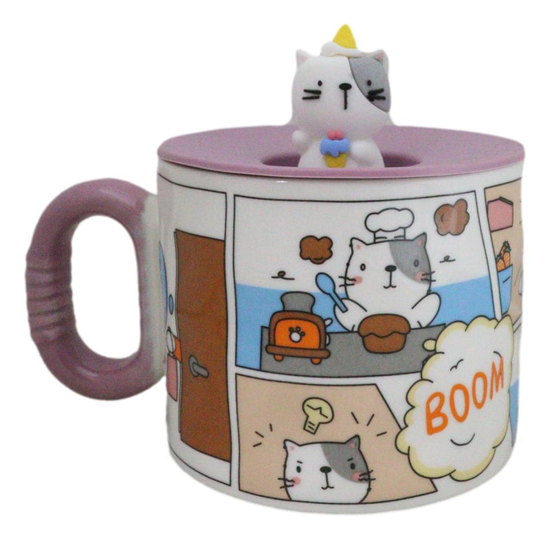 Whimsical Kitty Cat With Kung Fu Diary Cartoon Ceramic Mug With Silicone Lid