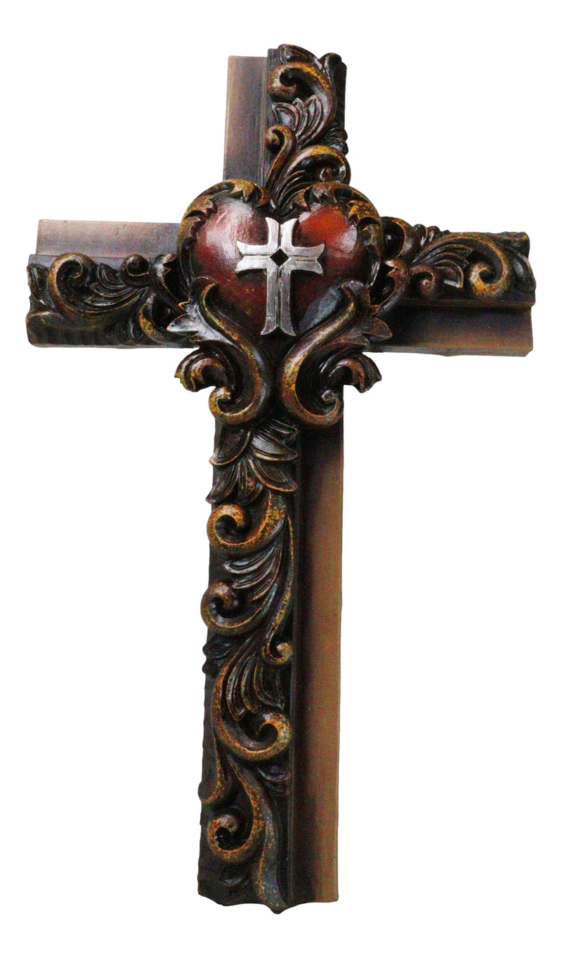 Rustic Carved Faux Wooden Floral Scrollwork With Red Heart Multi Tone Wall Cross