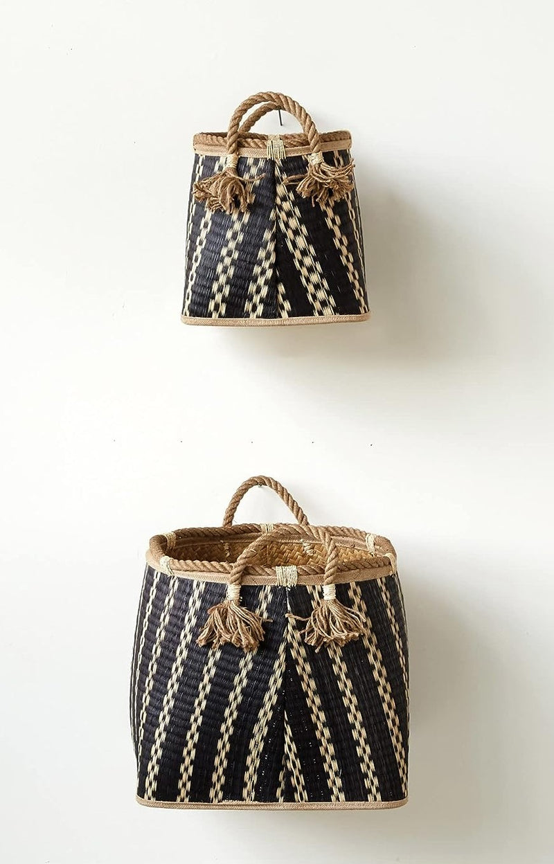 Black And Beige Open Hand Woven Seagrass Wicker Baskets With Handles Set of 2