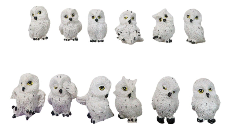 Set Of 12 Wisdom Of The Tundra Forest Arctic Snow White Owls Mini Figurines