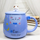 Blue Calico Cat Love Star Coffee Mug Cup With Spoon And Kitten Knob Lid 15oz