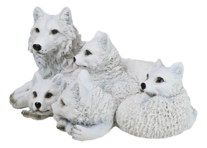 Winter Snow White Albino Wolf Mother at Repose with 4 Cubs Family Figurine