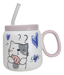 Whimsical Cat Holding Taiyaki Fish 16oz Ceramic Mug Cup With Lid And Glass Straw