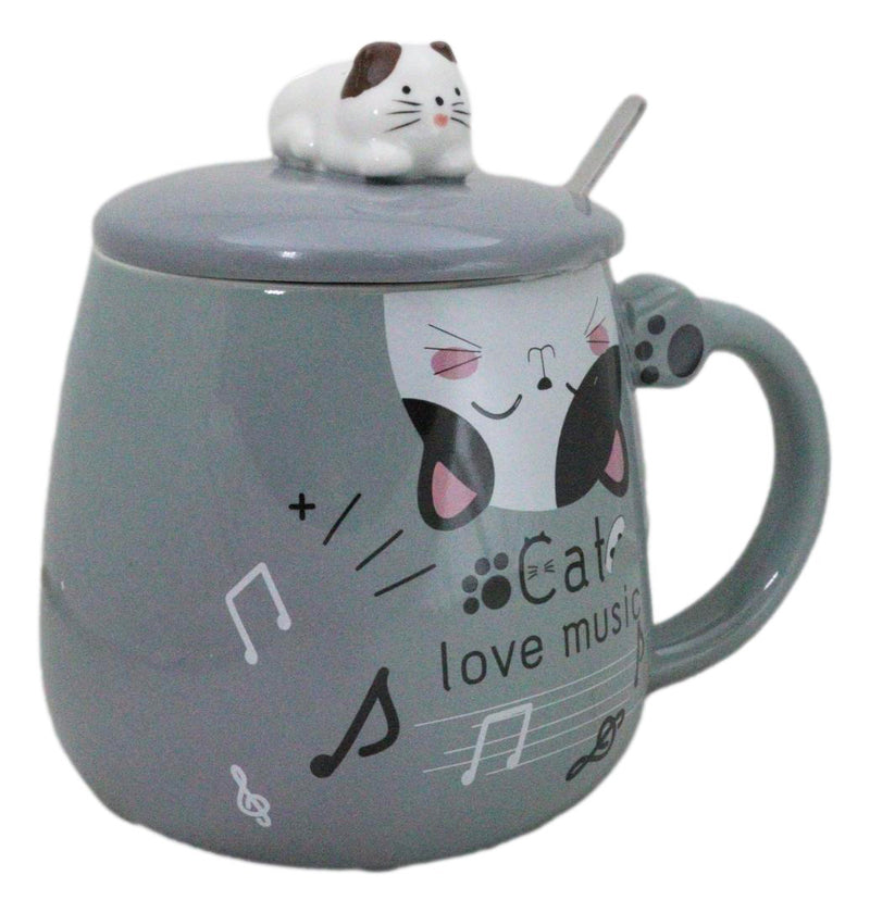 Grey Calico Cat Love Music Coffee Mug Cup With Spoon And Kitten Knob Lid 15oz