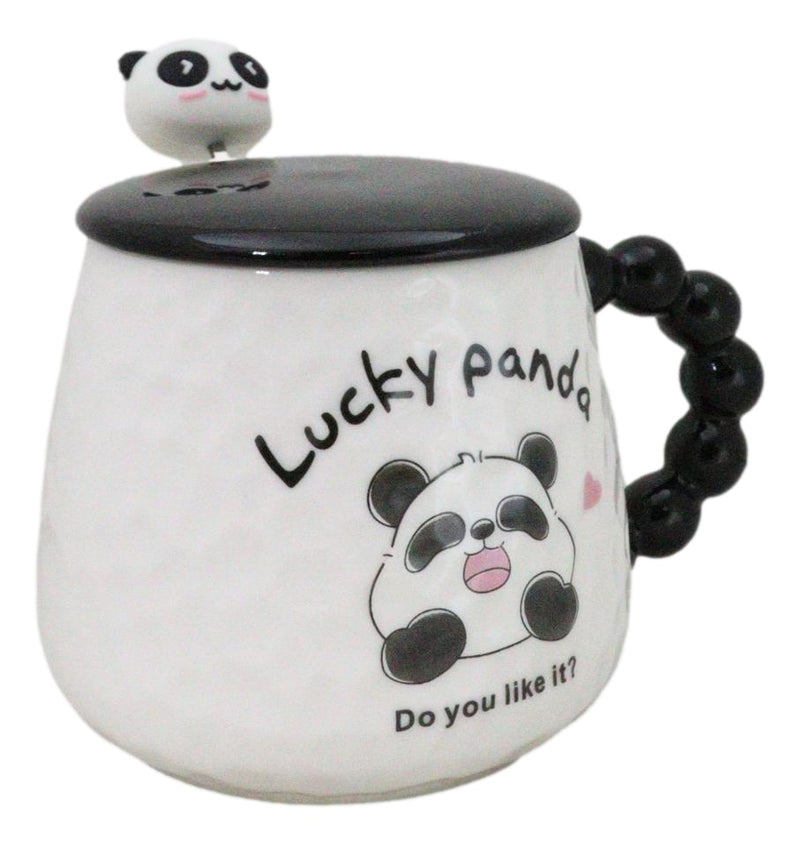 Ceramic Cute Lucky Laughing Panda Bear With Lid And Panda Head Spoon Mug Cup