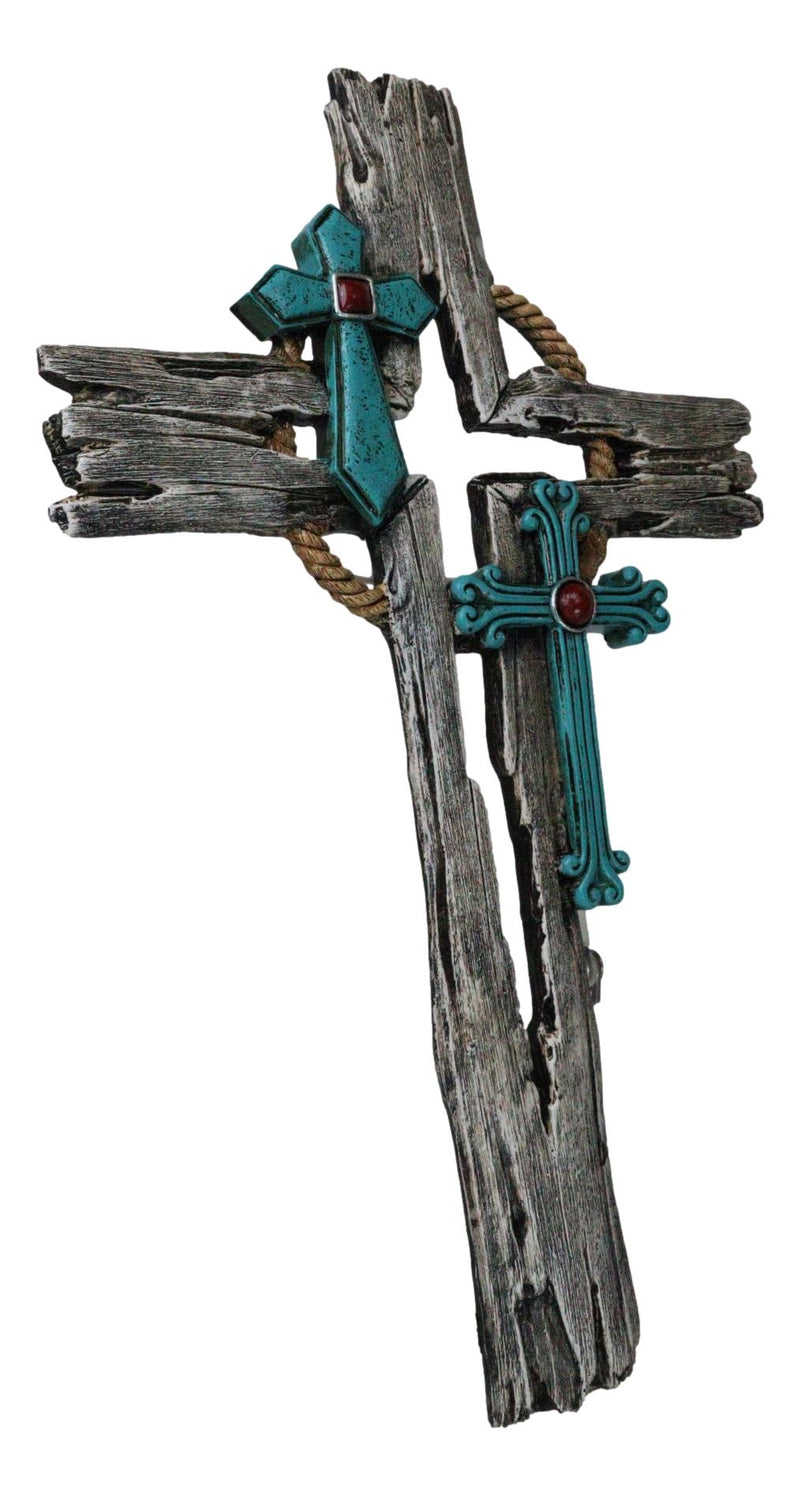 Rustic Western Faux Distressed Wood Rope Wreath Turquoise Layered Wall Cross