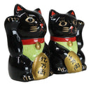 Black Lucky Fortune Japanese Maneki Neko Cats Ceramic Salt Pepper Shakers Set