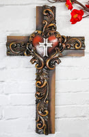 Rustic Carved Faux Wooden Floral Scrollwork With Red Heart Multi Tone Wall Cross