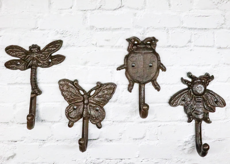 Cast Iron Rustic Bee Ladybug Butterfly and Dragonfly Bugs Wall Hooks Set Of 4