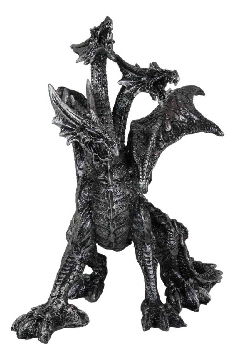 Gothic Silver Three Headed Dragon Hydra Roaring Statue 8" Tall Figurine Decor