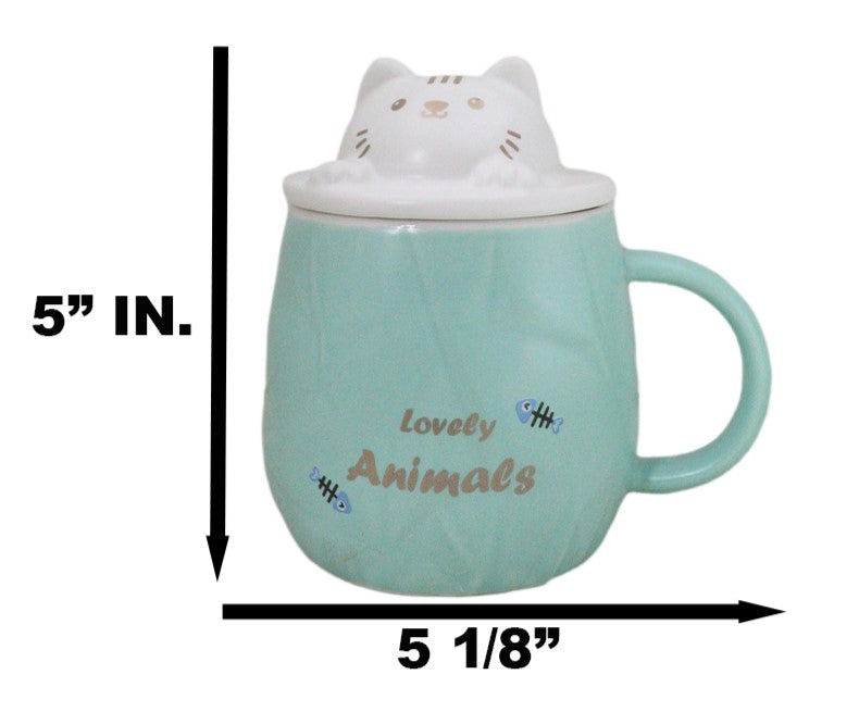 Whimsical Green Chubby Feline Kitty Cat Cup Mug With Lid And Stirring Spoon