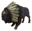 Bison Buffalo With Indian Chieftain Roach Headdress Decorative Figurine 12"L