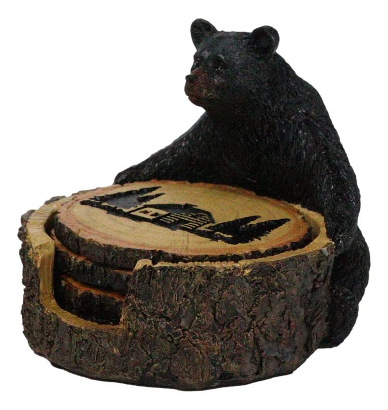 Western Rustic Forest Black Bear Hugging Tree Ring Coasters And Holder Set