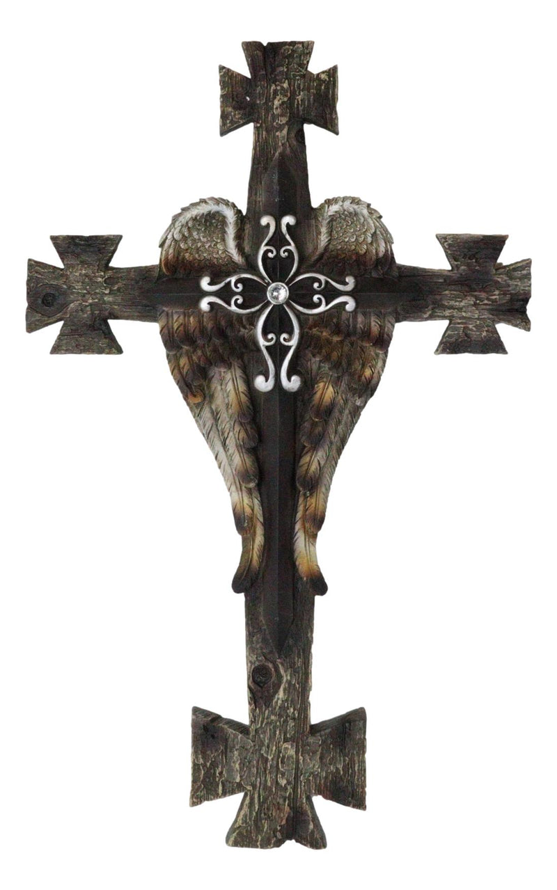 Black Biker Iron Cross With Angel Wings Layered Faux Wooden Wall Cross Plaque