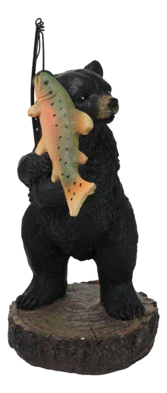 Whimsical Rustic Forest Black Bear Catching Largemouth Bass Fish Figurine