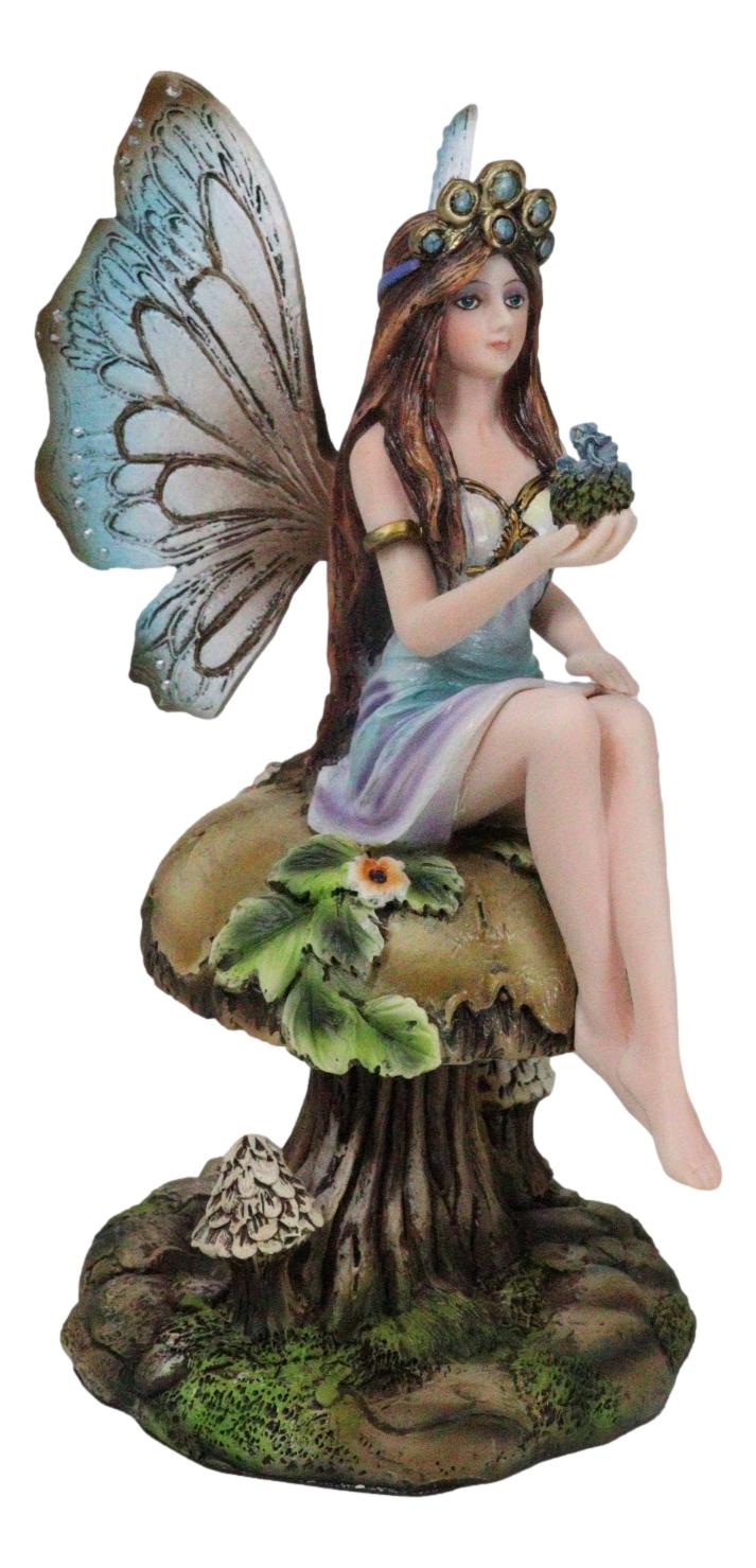 Queen Tribal Fairy Holding Dragon Hatchling By Mushroom Forest Stool Figurine