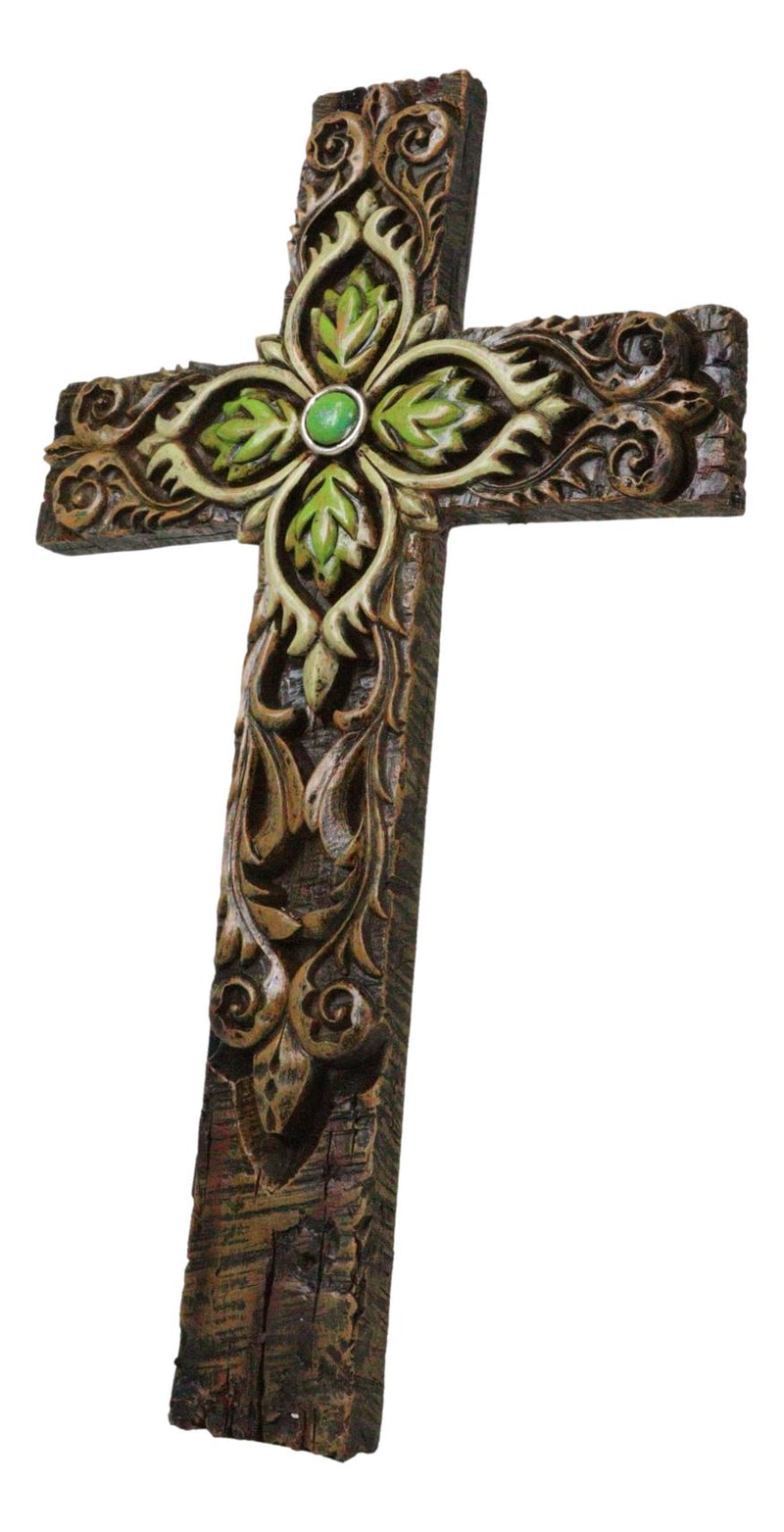 Rustic Faux Wooden Fleur De Lis Scrollwork With Green Leaf Foliage Wall Cross