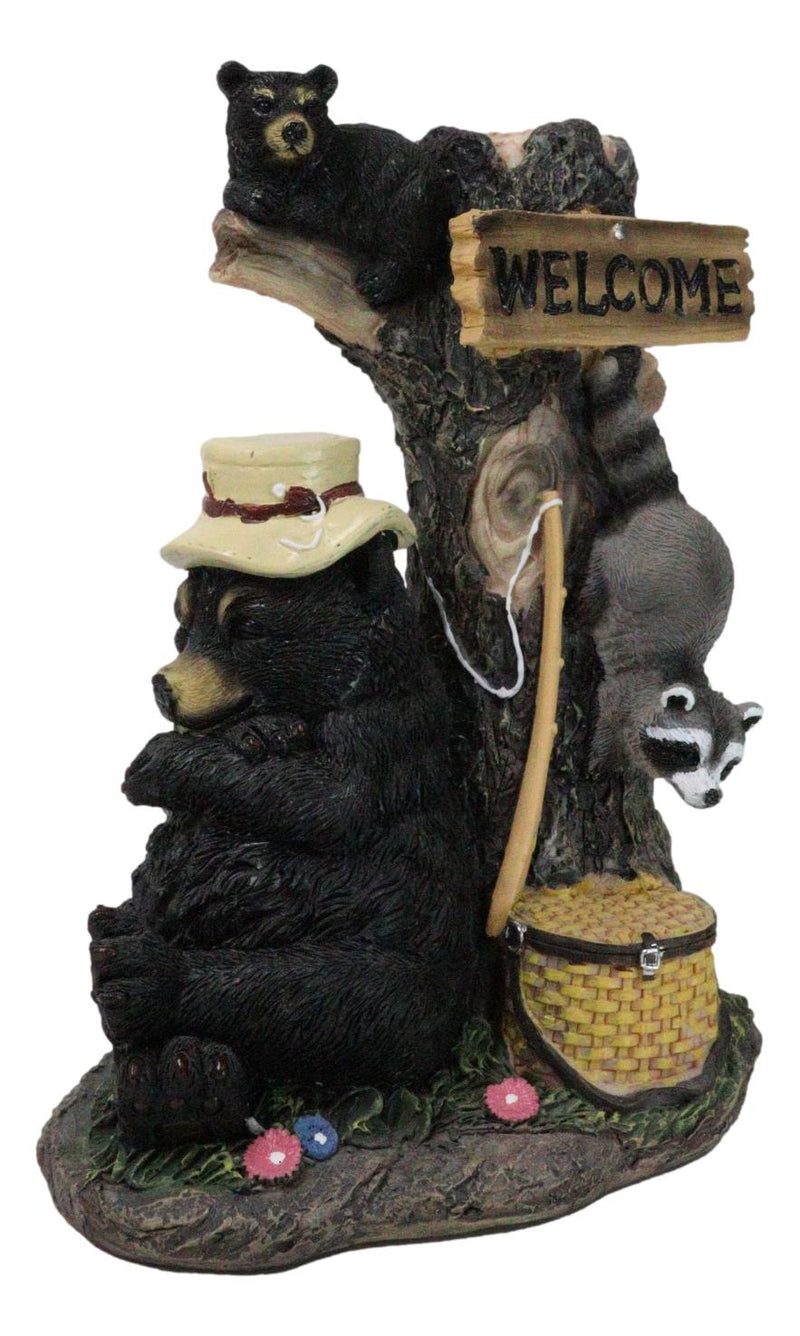 Forest Sleeping Black Bear With Cub On Tree And Sneaky Raccoon Welcome Figurine