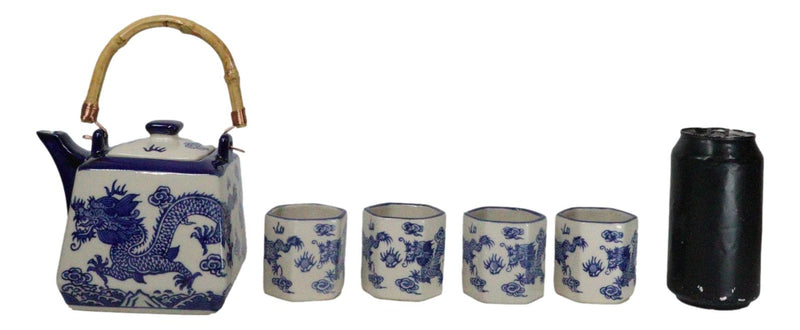 Heavenly Blue Oriental Ryu Dragon King Hexagonal Teapot With 4 Tea Cups Set